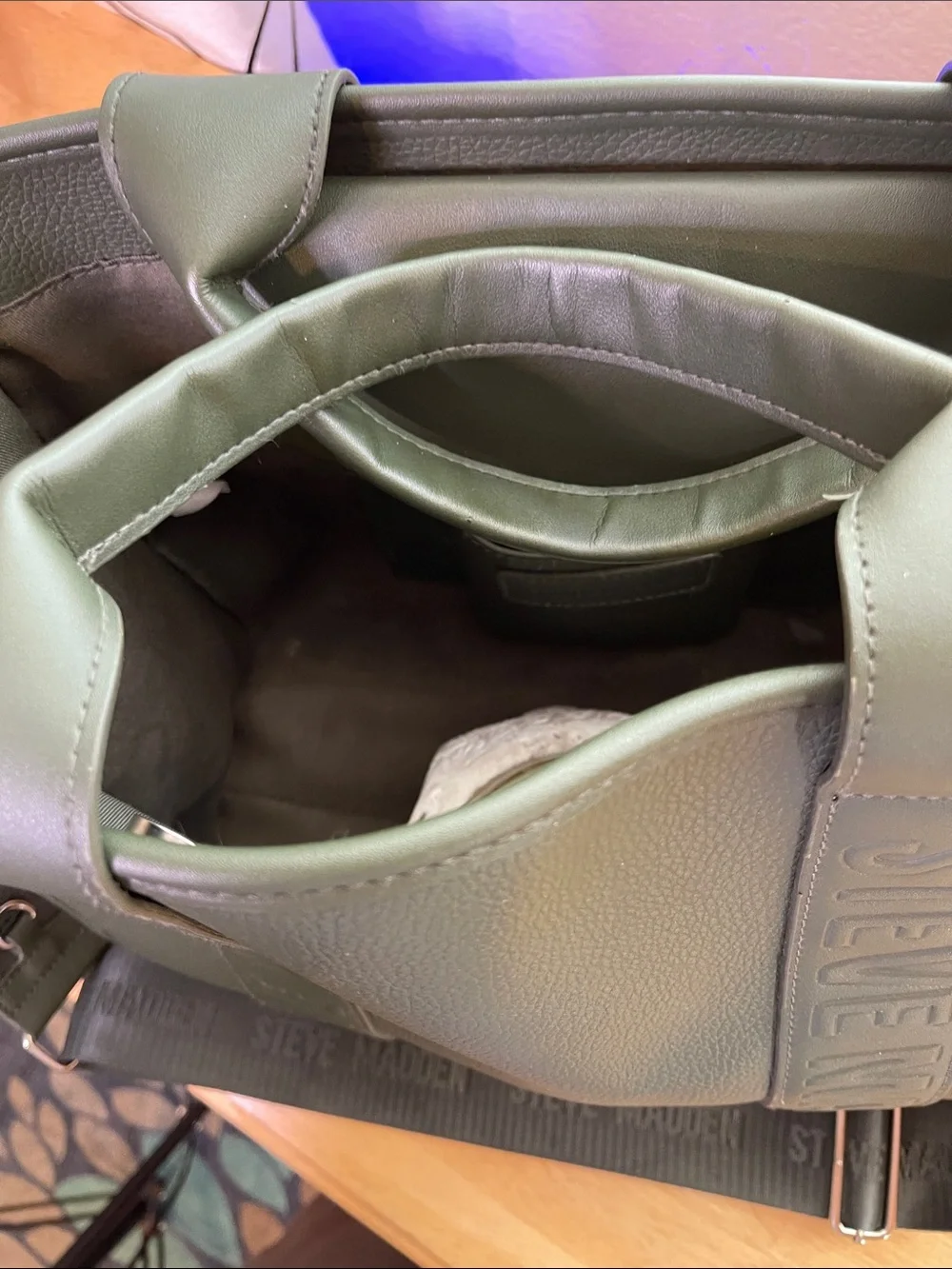 Steve Madden Dark Olive Green Messenger Tote with Branded Strap